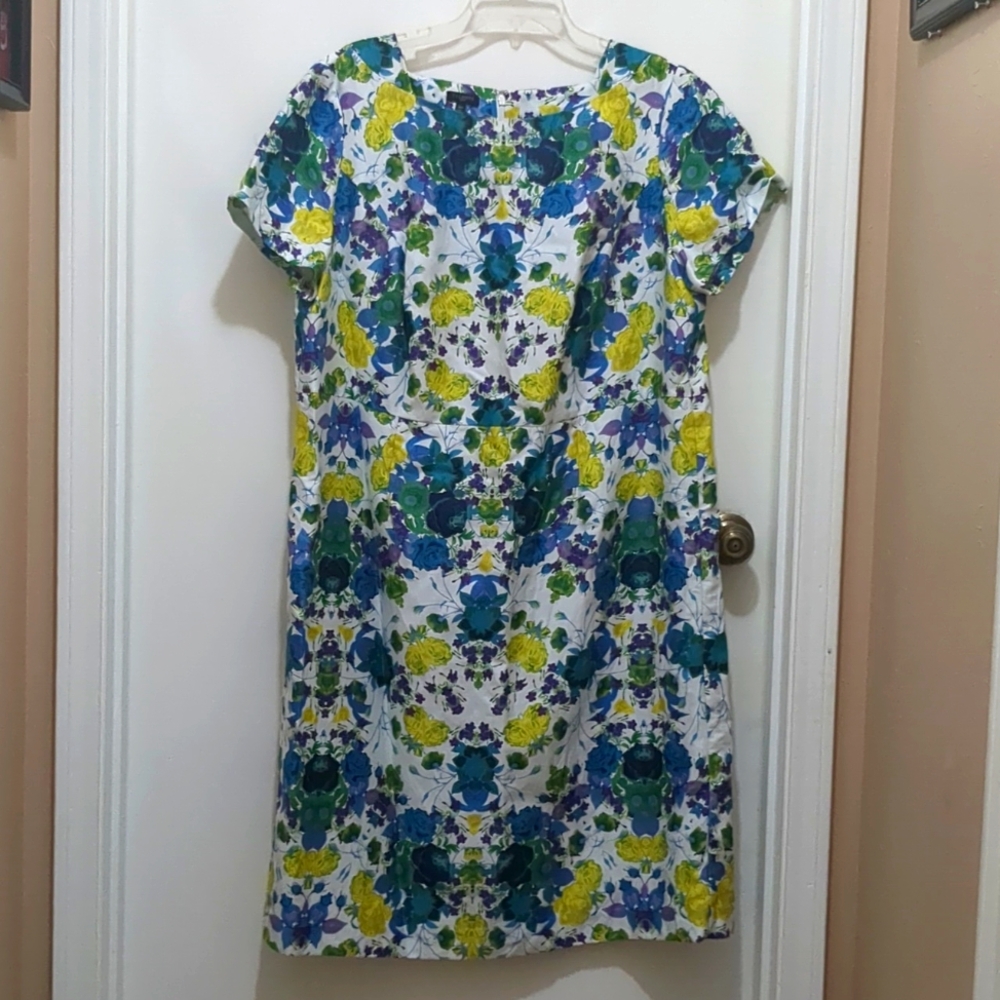 Talbots Floral Print Short Sleeve Linen Blend Sheath Dress Size 18W Blue